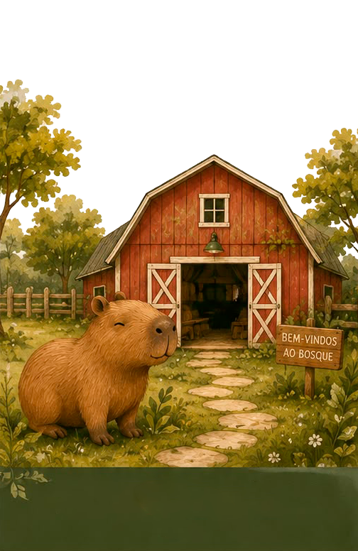 Ilustração de um celeiro vermelho com uma capivara, símbolo da Casa Bosque NeuroCreative