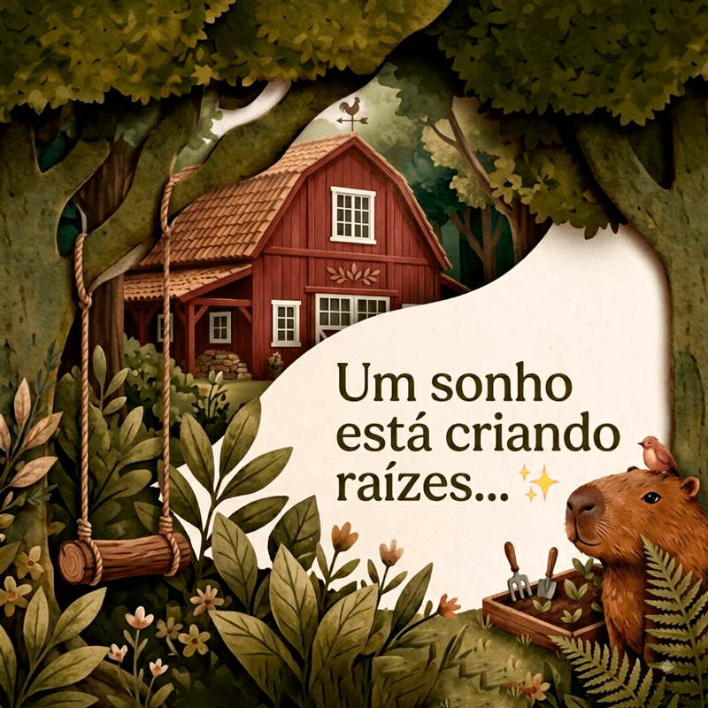 Ilustração de um celeiro vermelho entre árvores, com uma capivara e um pássaro em primeiro plano